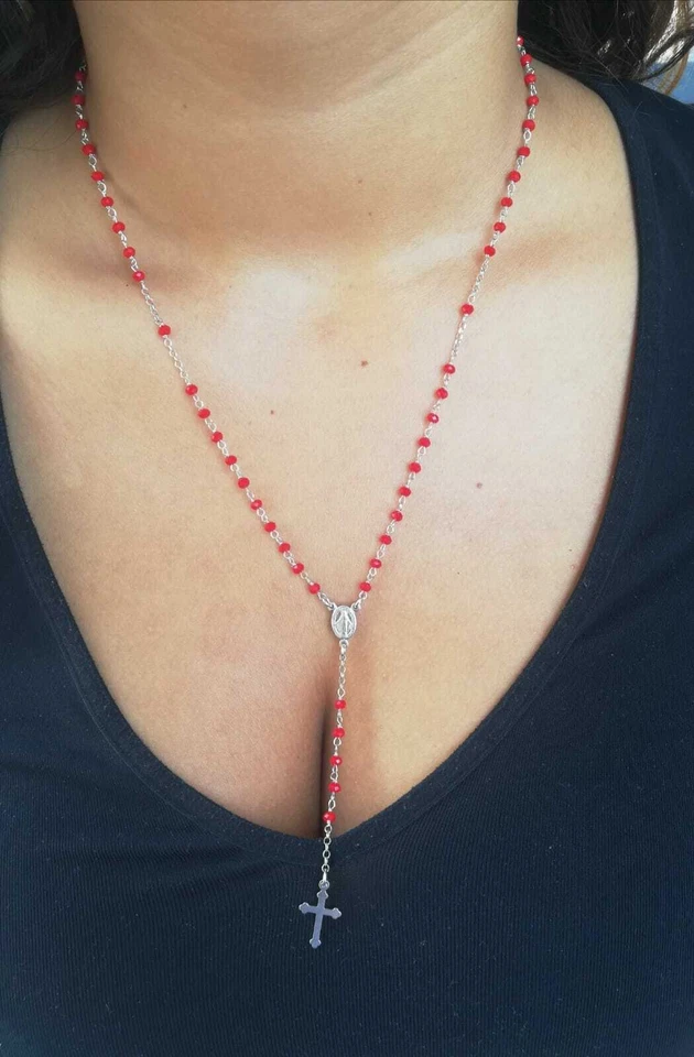 COLLANA A ROSARIO IN ARGENTO 925 RODIATO IN ORO 18KT E PIETRE ROSSE - Immagine 1 di 4