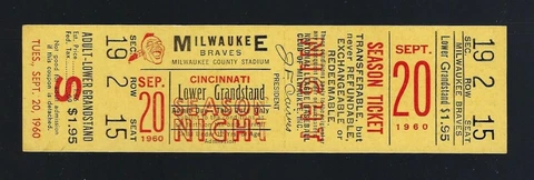 VINTAGE 1960 REDS @ BRAVES FULL TICKET - JAY HOOK 2 HITTER aaron MATTHEWS banks Cover