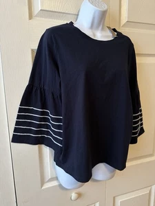 J. Camicia blusa top manica a campana ricamata girocollo donna taglia media bianco navy - Foto 1 di 5