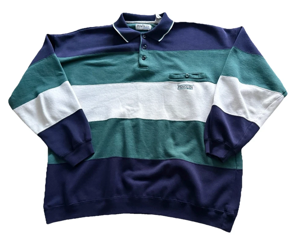 Camisa Polo Pullover Vintage Penguin Sport Rugby Talla XL Azul Marino Verde Azulado Rayas L/S Y2K Foto 1 de 4