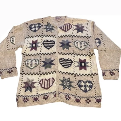 Cárdigan suéter tejido retazos estrella corazón XL Woolrich vintage para mujer casa de campo Foto 1 de 4