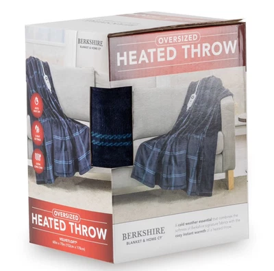 BERKSHIRE BLANKET Berkshire Oversized Heated Throw Blanket 60"x70" – Plaid Navy, Auto Shut-Off