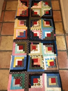 Vintage/Antique HAND-STITCHED Log Cabin Quilt TOP ONLY 74 x 64 Rustic - Picture 1 of 6