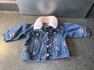 Cradle Togs Denim Jacket Floral Embroidery Removable Faux Fur Collar 12 Mo - Picture 1 of 6