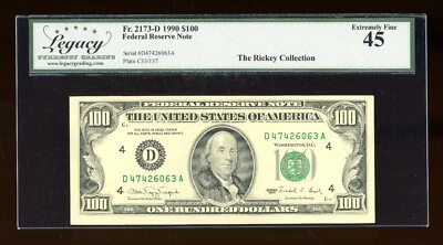 DBR 1990 $100 FRN Cleveland Fr. 2173-D Legacy 45 Serial D47426063A - Image 1 of 2