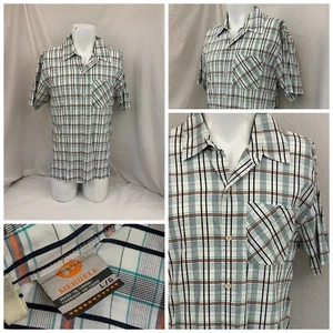 Merrell Short Sleeve Button Shirt L Men White Orange Plaid Cotton Mint YGI Q1-61 - Picture 1 of 11