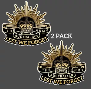 AUSTRALIAN ARMY RISING SUN ANZAC 2 PACK! LEST WE FORGET STICKER 100x110mm GOLD - Picture 1 of 6