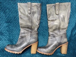 UGG JOSIE GREY DISTRESSED BOOTS FOLD OVER LEATHER SHEARLING INSOLE 1001643 7.5 - Picture 1 of 22