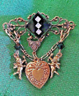 Vintage Sadie Green Brooch Pin Brass Angels Cherubs  Wings Black Crystal Charms 