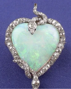 Edwardian Opal & Cubic Zirconia Women's Fashion Snake Heart Shaped Brooch - Picture 1 of 3