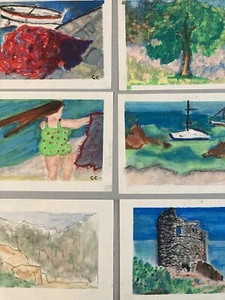 Lot Of 6 Painting Gouache And Pencil Drawing Landscape Portrait Corsican Sea Art - Picture 1 of 10