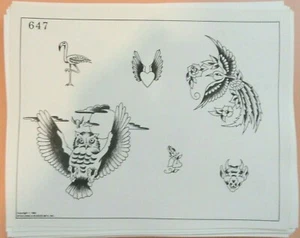 Vintage 1982 Spaulding & Rogers Tattoo Flash Sheet #647 Owl Flamingo Bull - Picture 1 of 1