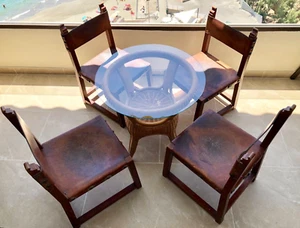 GENUINE Spanish Walnut & Leather Safari Renaissance Chairs Vintage Circa 1930-50 - Picture 1 of 15
