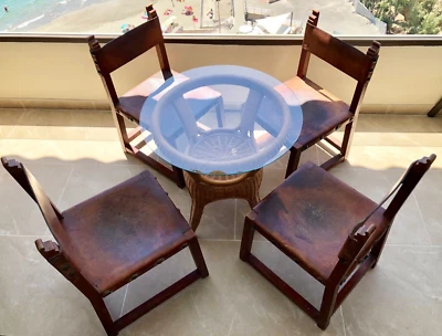 GENUINE Vintage Spanish Walnut & Leather Safari Renaissance Chairs Circa 1930-50 - Image 1 of 4