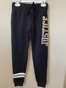 Justice Black Gold Sequins Logo Stripe Mid Rise Full Length Girls Joggers Size 8 - Picture 1 of 5