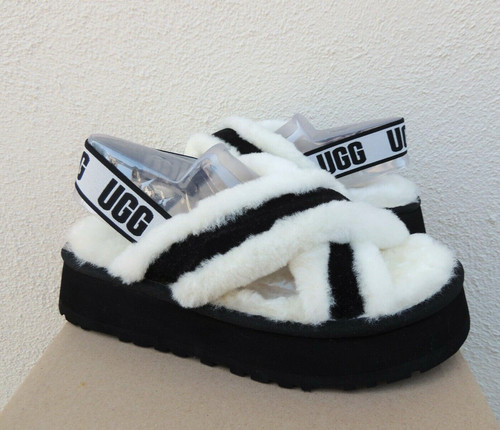 SANDALI UGG BIANCHI DISCO CROSS PELLE DI PECORA LANUGINE SLIDE PLATFORM US 9 EUR 40 ~NUOVI