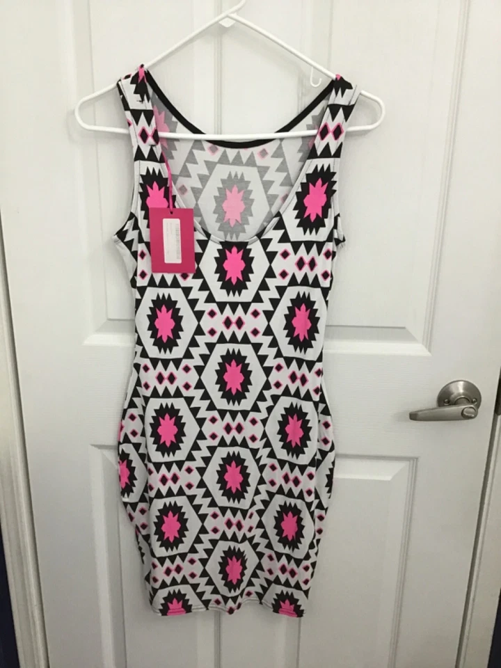boohoo Twenty Four Aztec Vest Dress/Bathing Suit Cover Up Neon Pink Med/10 NWT - Image 1 of 4