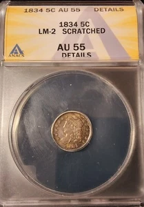 1834 Capped Bust Half Dime ~ LM-2.  3/Inverted 3 AU 55 - Picture 1 of 4