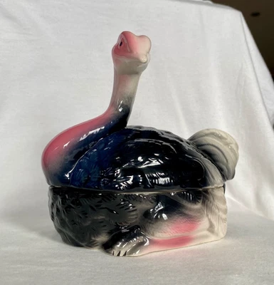 Alte Porzellan Schale VOGEL STRAUSS vollplastisch Afrika Deckeldose Tierfigur - Bild 1 von 4