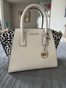 Michael Kors Avril Leather Cheetah Print Calf Hair Satchel Light Cream New $558 - Picture 1 of 5
