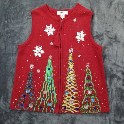 KIKIT Prendas de Punto Suéter Chaleco Mujer Medio Rojo Feo Árboles de Navidad Con Cuentas Cremallera Foto 1 de 4