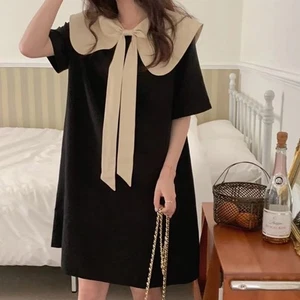 Korean Front and Back Double Wear Large Bow Contrast Color Doll Neck Mini Dr _uu - Picture 1 of 17