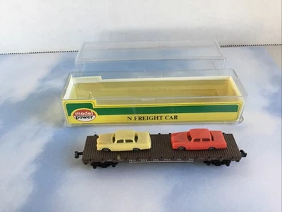 Model Power 4011 N Scale Pennsylvania Flat Car with 2 Autos original case EUC - Image 1 of 4