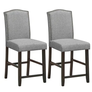 Set of 2 Fabric Barstools Nail Head Trim Counter Height Dining Side Chairs Grey - Picture 1 of 10