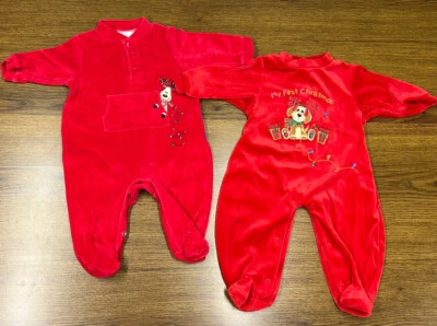 Lot Of 2 Christmas Pajamas  Baby 1st Christmas Reindeer Puppy Red Long Sleeve - Image 1 of 4