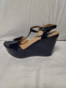 Dee Keller Blue Patent Leather Wedge Platform Ankle Strap Sandals Size 37.5 - Picture 1 of 9