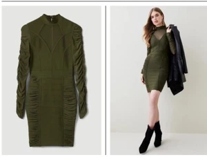 Karen Millen Ruched Mesh Kharki Funnel Neck Bandage Mini Dress Size Uk L Vgc #T2 - Picture 1 of 14