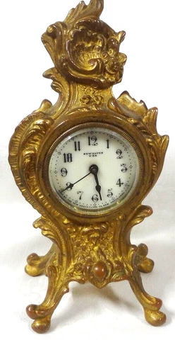 c1910 CLASSIC very ORNATE gilt bronze NEW HAVEN shelf desk MANTEL CLOCK- WORKING Cover