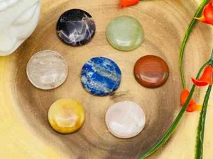 7 Chakra Round Palm Stone Set, Polished Smooth Pocket Stones with Velvet Pouch - Picture 1 of 8