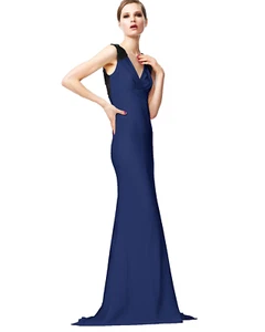 Vera Wang Lavender ~ Navy Crepe Illusion Lace Back Formal Train Gown 4 NEW $495 - Picture 1 of 8