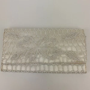 VTG Beaded Evening Clutch Pearl White Satin Floral Evening Cocktail Wedding 70’s - Picture 1 of 12