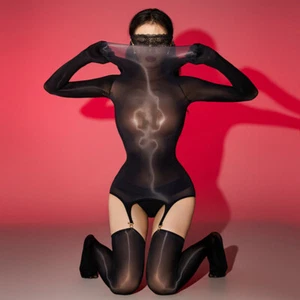 Women Sexy 5D Oil Shiny Bodysuit Full Body Stocking Garter Lingerie Jumpsuit - Picture 1 of 30