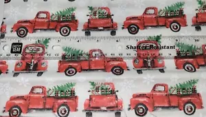 Vintage Red Pickup Truck Christmas Tree Snow FABRIC 18"x21 Fat Quarter COTTON - Picture 1 of 4