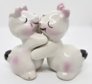 VTG Salt & Pepper Shaker Ceramic Hugging Bunnies White and Pink 1950s MCM Decor - Picture 1 of 7