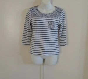 Karen Scott 3/4 Sleeve Scoop Neck Sport Knit Indigo Floral Striped Blue Top PP - Picture 1 of 12