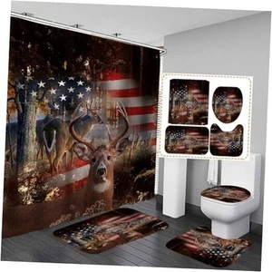 Camille&Andrew 4PCS American Flag Deer Shower Curtain Set, Deer & American Flag - Picture 1 of 8
