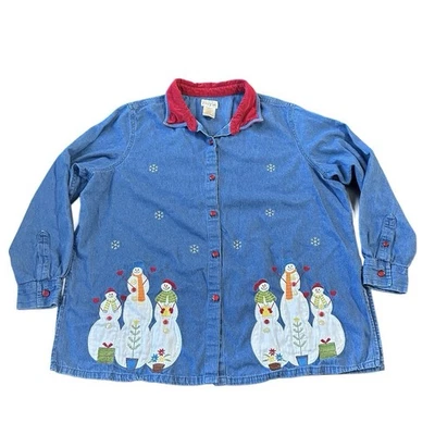 Vtg Christmas Button Down Denim Shirt Embroidered Snowman Cottage Boho Art - Image 1 of 4