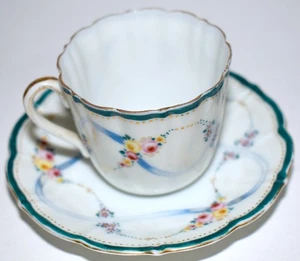 Herend? (KI identifiziert) Demitasse Tasse Untertasse Band Floral türkis Rand Gold Kostenloser Versand - Bild 1 von 4