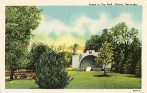 Postcard Nebraska Milford Scene in City Park Bandstand Seward County 40s Linen  - Picture 1 of 1