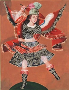 Dipinto popolare Arcangelo San Miguel arte indiana peruviana fatta a mano San Michele Perù - Foto 1 di 3
