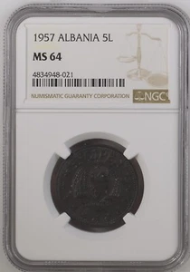 1957 Albania 5 Leke NGC MS 64 *TOP POP* (National Arms/Stars) *Zinc* - Picture 1 of 2