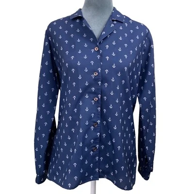 Camisa Rockabilly Vintage Años 60 Elección Para Mujer Mediana Azul Botón Estampado Ancla Frontal Foto 1 de 4