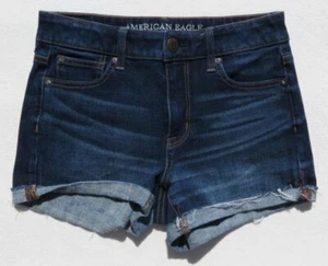 AMERICAN EAGLE Dark Blue Super Stretch Denim Hi Rise Shortie Jeans Shorts US S 4 - Picture 1 of 3