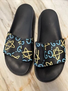 Gucci Beach Slide Blue And Yellow Ghost Calfskin Size 10 - Picture 1 of 8