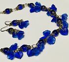 💙 Vintage Blue Glass Flowers Necklace Earrings Set Leaves Italian Jewelry Vtg