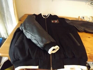 mens COOGI WOOL COAT varsity bomber jacket LEATHER SLEEVES SZ 4XL BLACK euc - Picture 1 of 12